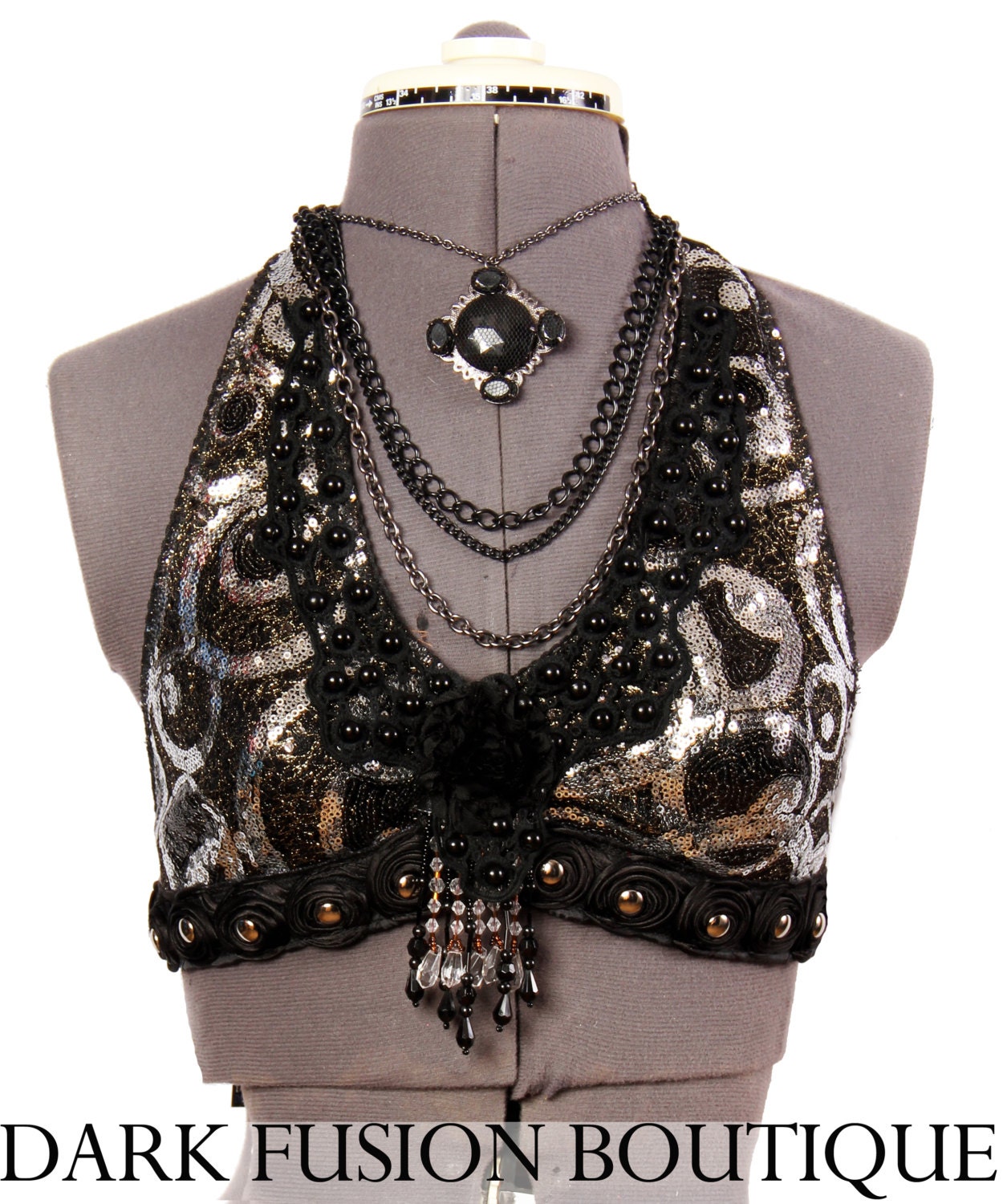 Halter, C Cup,  Black, Silver, Gold Sequin Sparkle, Noir, Bellydance, Dance, Costume, Tribal, Dark Fusion, Kuchi, Bra, Gothic