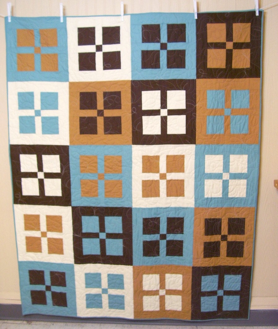 Windows Lap Quilt in Teal Blue Honey Tan Chocolate Brown Cream