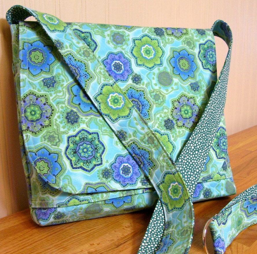 Cross Body Messenger Bag-Reversible- Turquoise Flowers and Dots with Matching Key Fob
