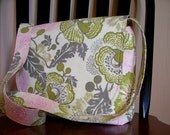 Cross Body Bag Messenger Bag Reversible- Pink Grey Green Amy Butler Floral with Matching Key Fob