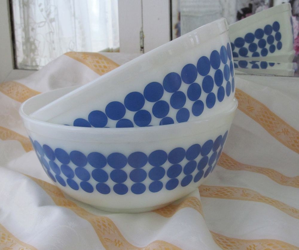 Pair Vintage Blue Dot Pyrex Bowls - Shabby Chic Cottage Cabin