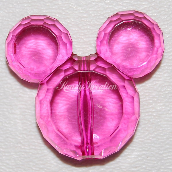 2 HOT PINK 37mm BIG Mickey Mouse Beads Charm Faceted for Kandi Rave Raver Kandy Disneyland Disneyworld Disney Mouse Head Ears Crystal