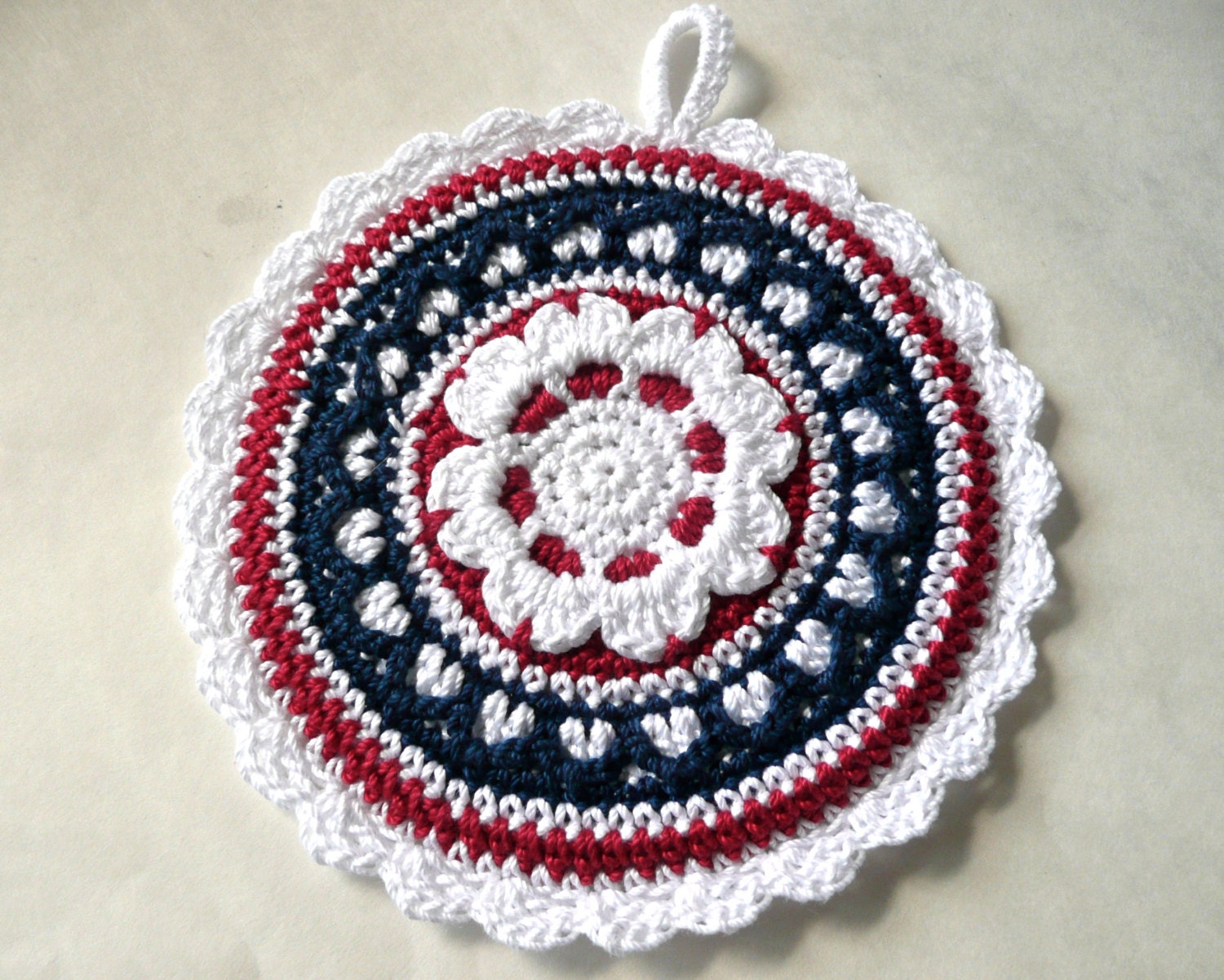 Potholder Red  White  Blue Cotton Kitchen Home Crochet Handmade Independence Day
