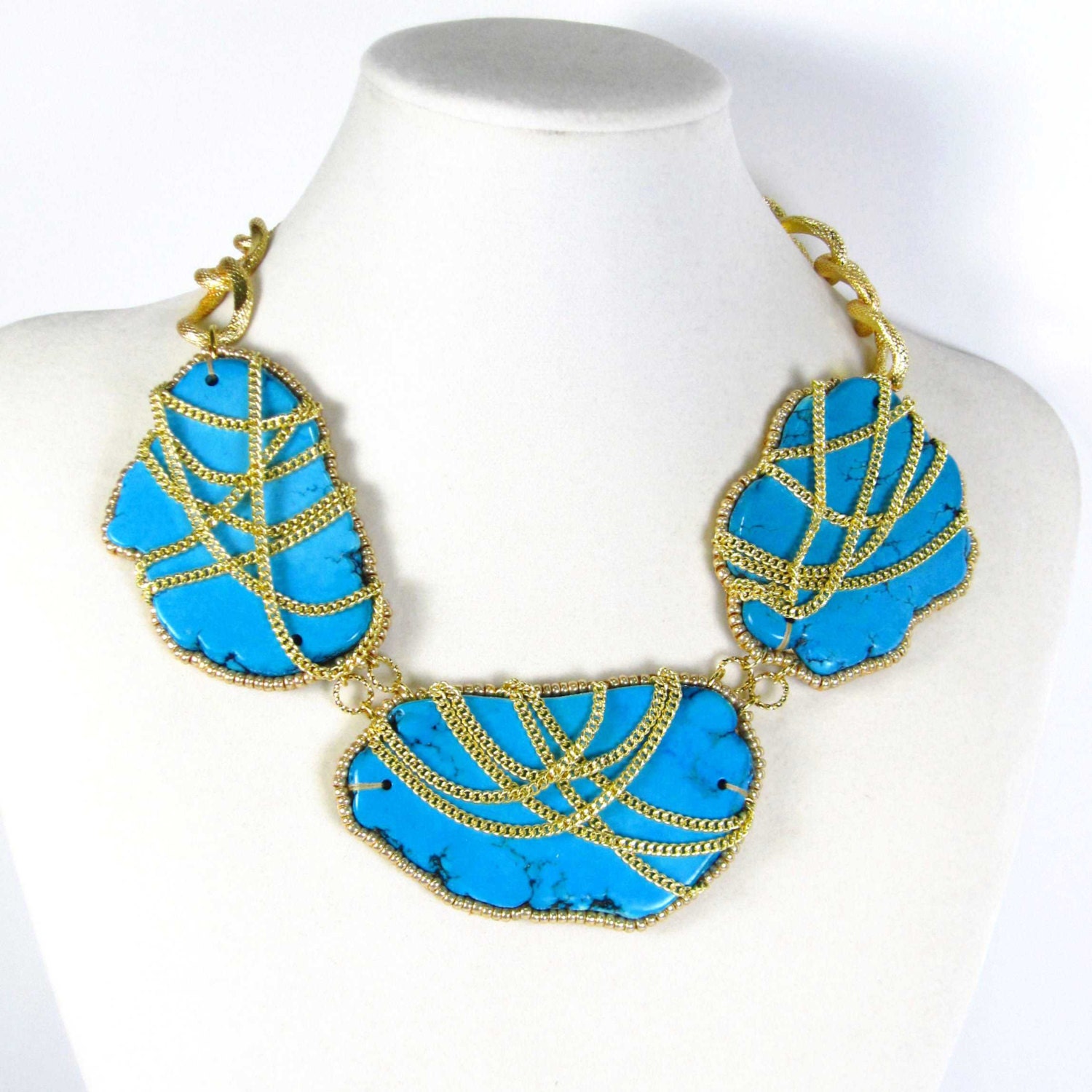 Handmade Statement Necklace Turquoise and Gold Stone Chunky Large One of a kind handmade necklace