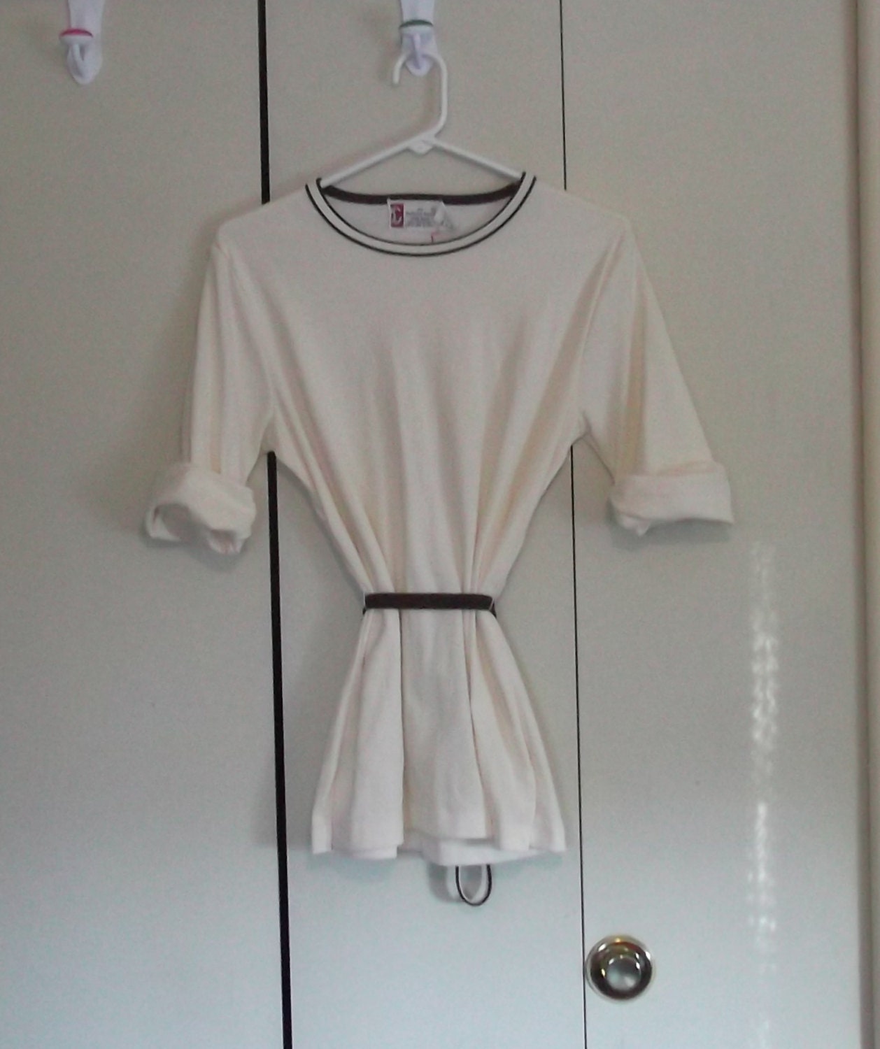 vintage 1960s 1970 Japanese blouse white brown belt