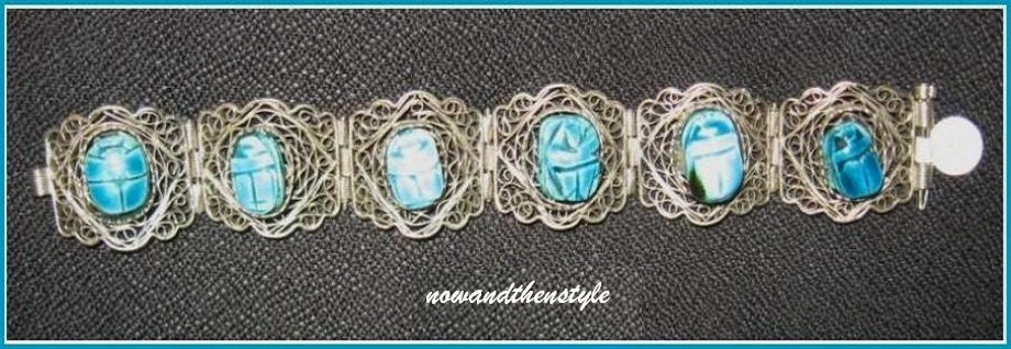 Vintage 1950s Bracelet  Faux Turquoise Egyptian Revival Scarabs Silver Metal Filigree  7.5" Long