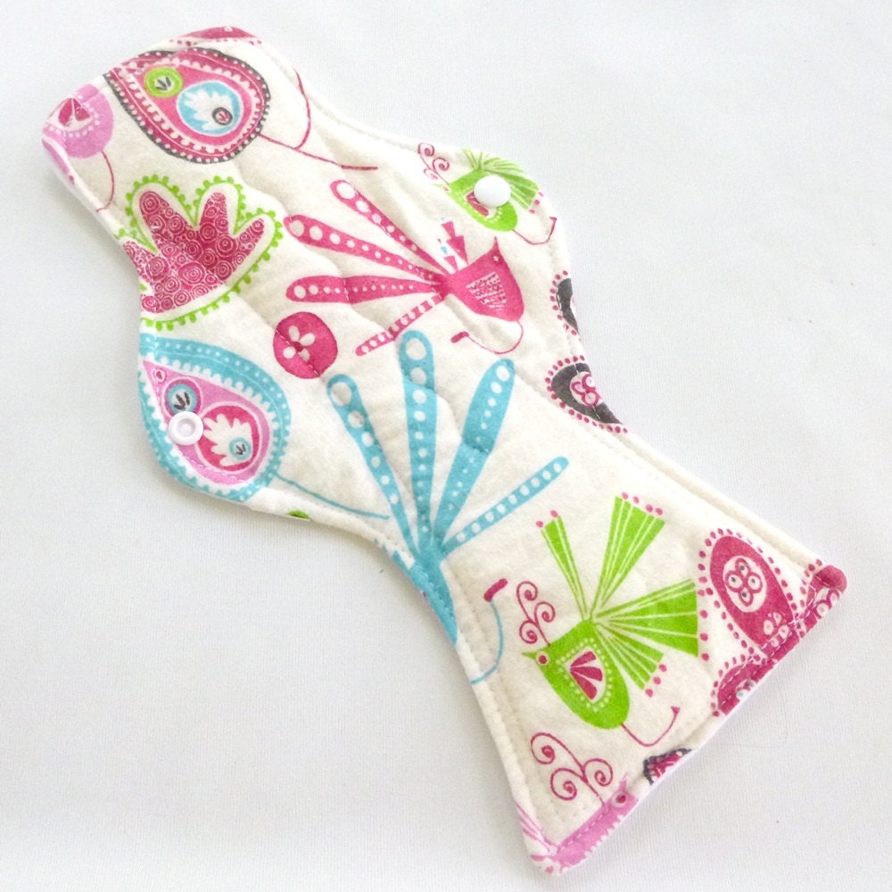 Overnight/Post Partum Reusable Cloth Menstrual Pad - waterproof PUL and bamboo core - Extra long - Mod Birds -  Cotton Flannel prin