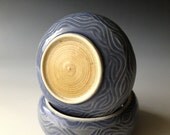 French Butter Keeper, Single stick of Butter, Delicately Carved Blue with Big Happy Amber Dot, Butter Bulb (TM)