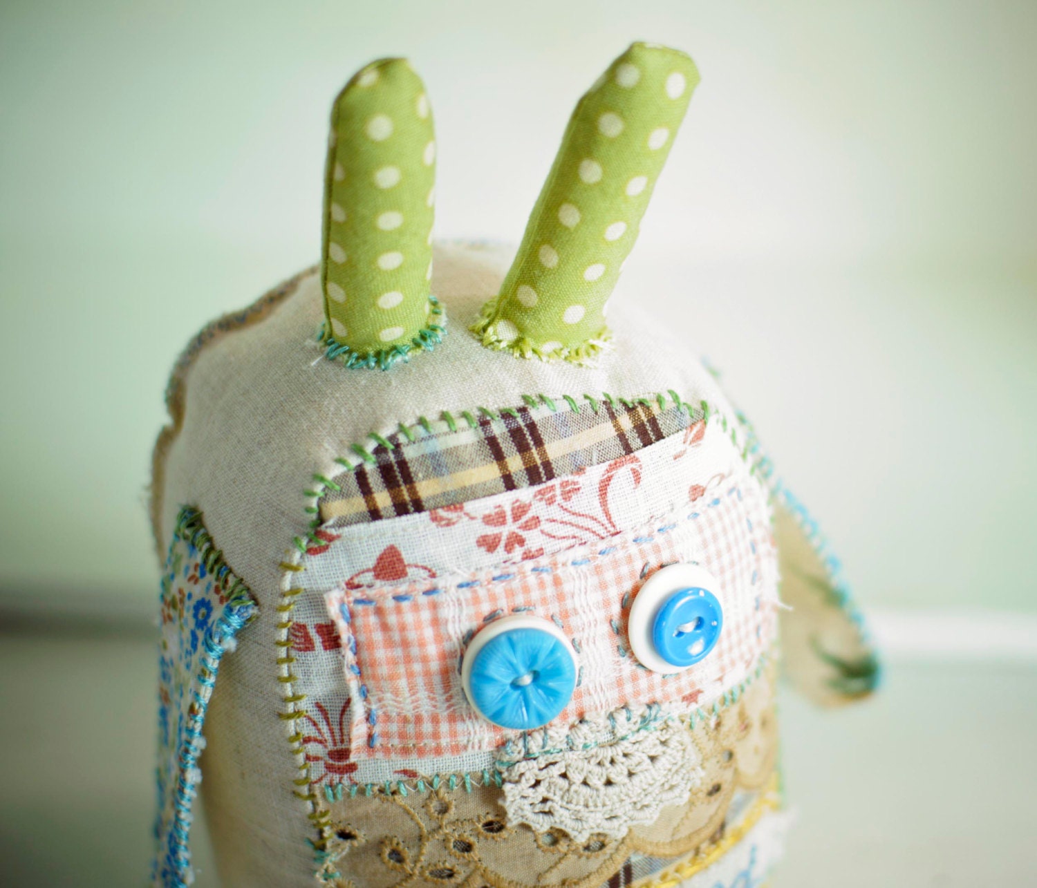 Vintage fabric  hand stitched softie nursery gift  - Beloved soft green