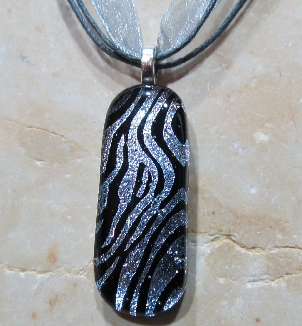 Fused Glass Pendant with ribbon necklace: Skinny Zebra