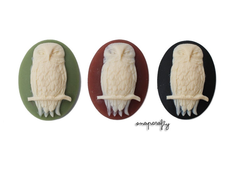 4pc 40x30mm owl on a branch cameo, choose your colors: ivory and green, ivory and brown, lavender and white