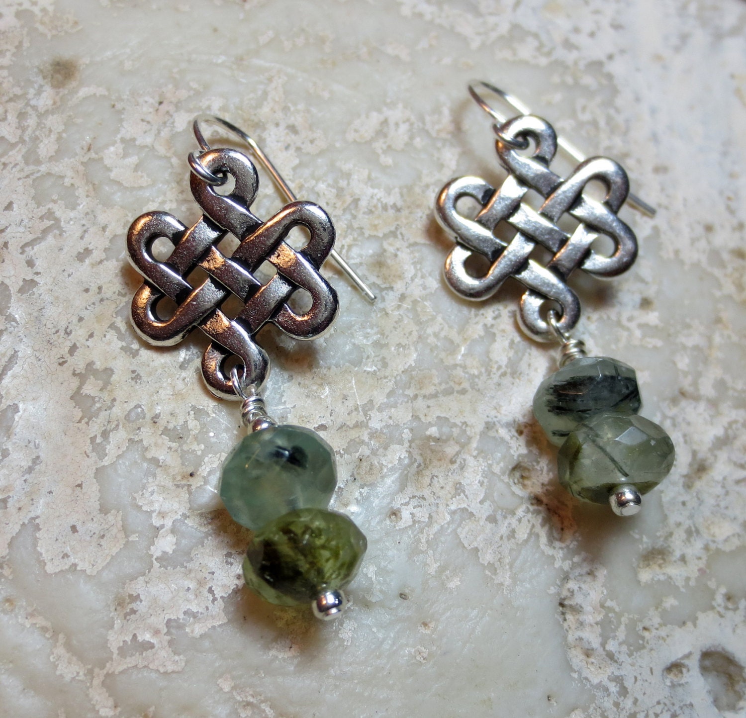 Antiqued Silver Celtic Knot Earrings with Beautiful Green Prehnite Rondelle Faceted Stones