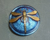Large Vintage Sapphire AB with Gold Dragonfly 40mm Glass Round Button with Brass Shank (1)