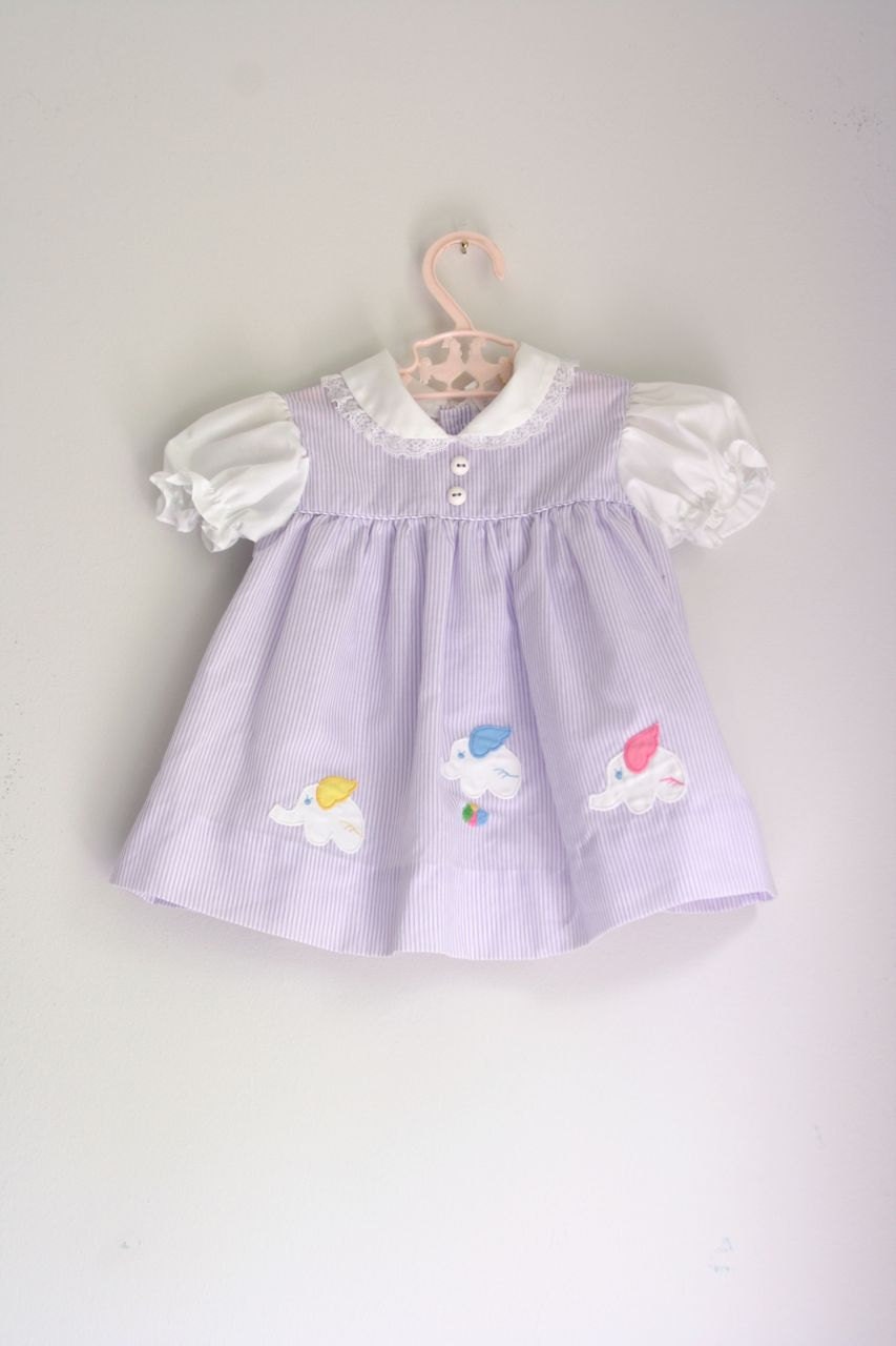 Vintage infant dress purple stripes and elephants 9 to 12 months