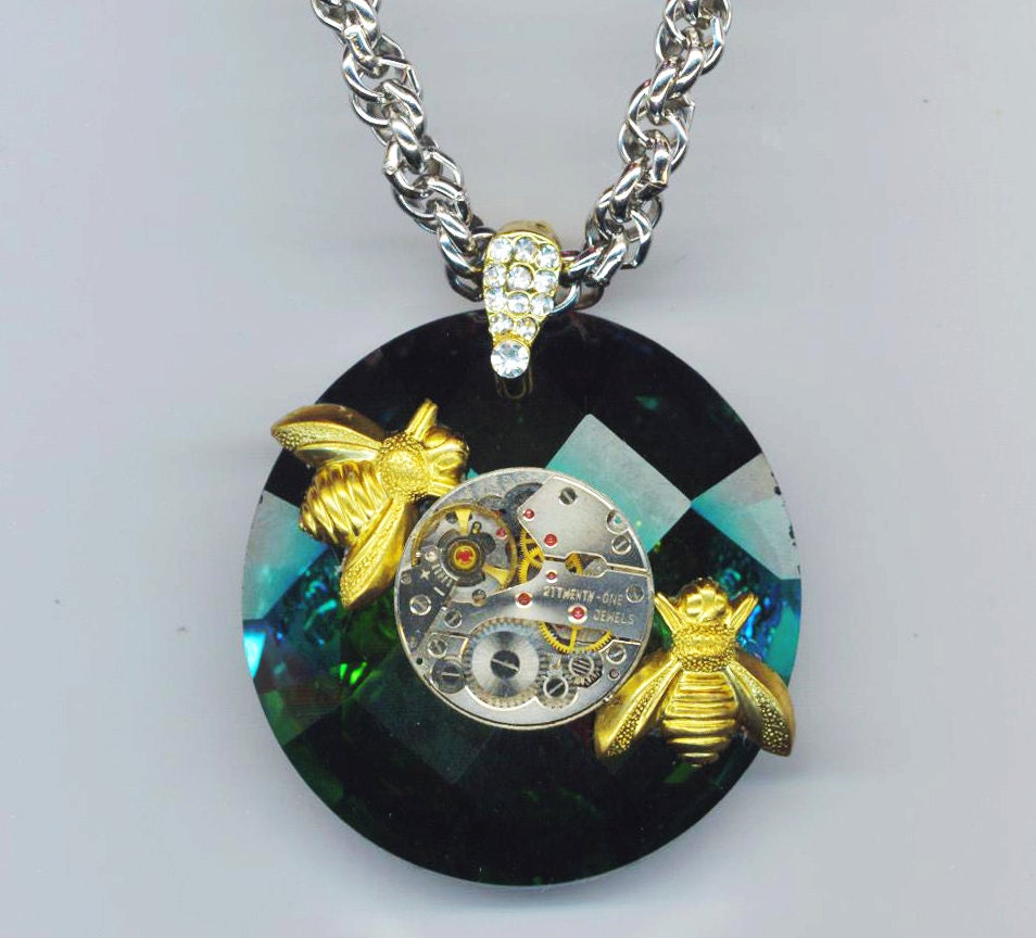 Steampunk Watch Movement . Bronze Bee Pendant . Iridescent Green Crystal . Enormous Faceted Rhinestone - BEE Mine by enchantedbeas on Etsy