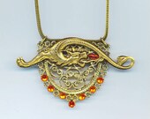 Steampunk Dragon Pendant . Vintage Filigree . Brass Stamping . Swarovski Rhinestones . Gothic - Dragon on Fire by enchantedbeas on Etsy