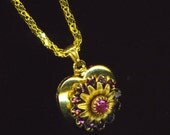 Golden Heart Pendant . Swarovski Rondelle. Fuchsia Rhinestones . Love Necklace . Statement Heart - Romantic Heart by enchantedbeads on Etsy