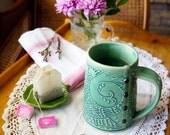 Handmade ceramic cup, Coffee Mug, coffee cup, tea cup, tea mug, Buttons in Green