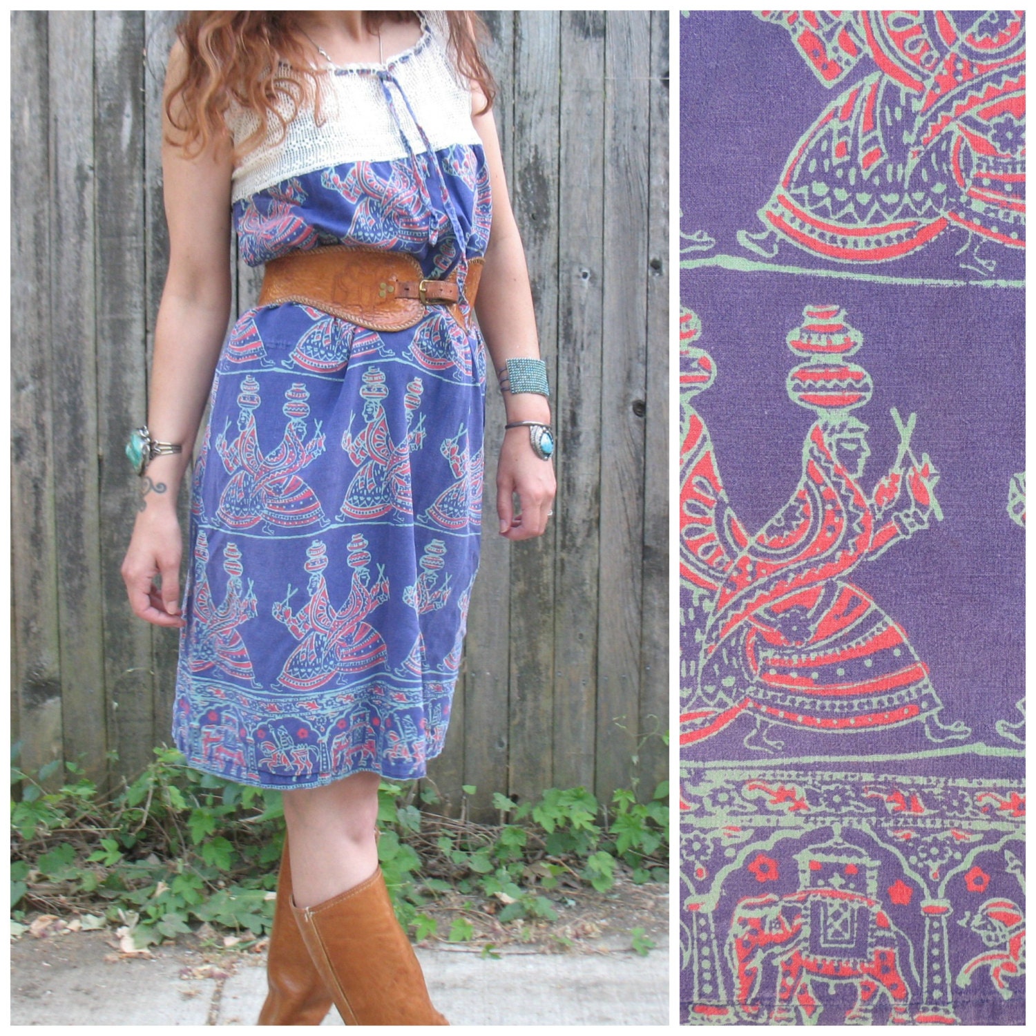 Crochet Yoke Indian Blockprint Cotton Dress made of Repurposed Vintage Parts sz s/m by fhf