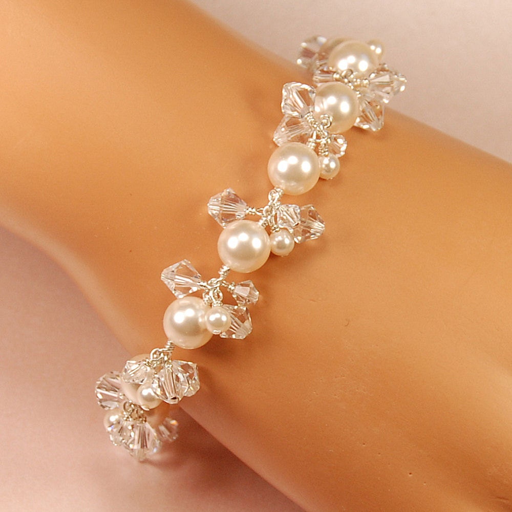 Crystal & Pearl Bracelet, Bridal Bracelet, Wedding Bracelet -  Swarovski in Sterling Silver - Shimmery Pearl Bracelet