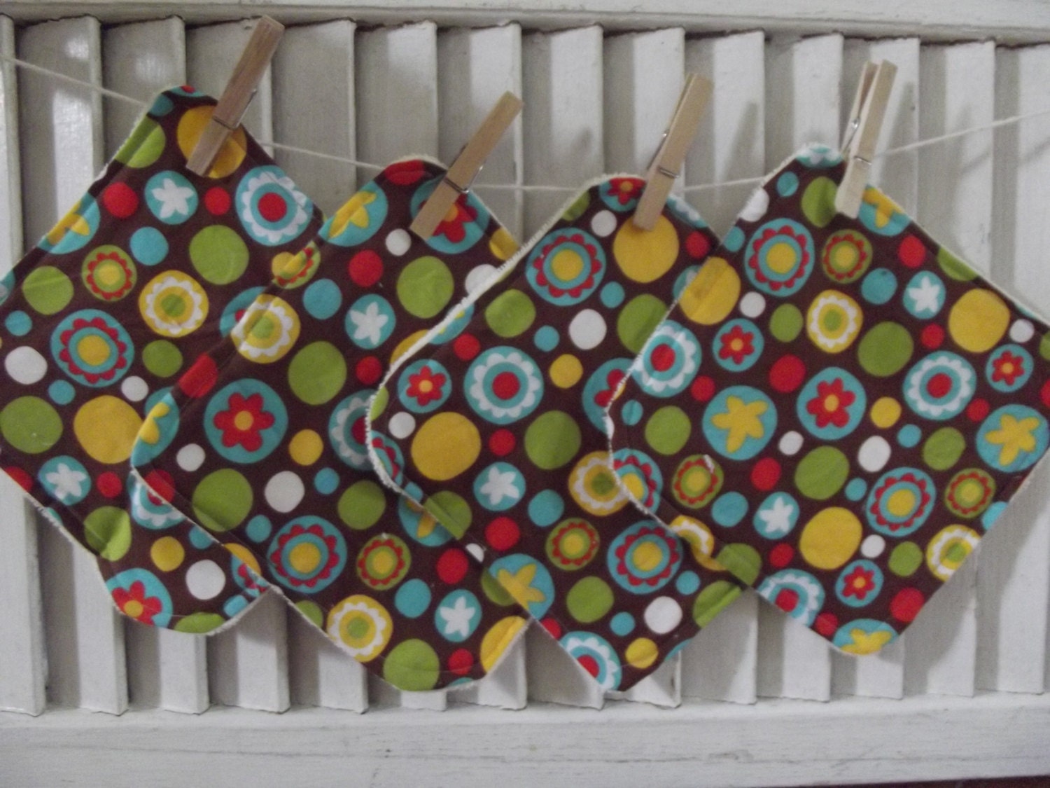 Set of 4 Retro Polka Dot Print  Wahcloths, Reusable Wipes, Napkins