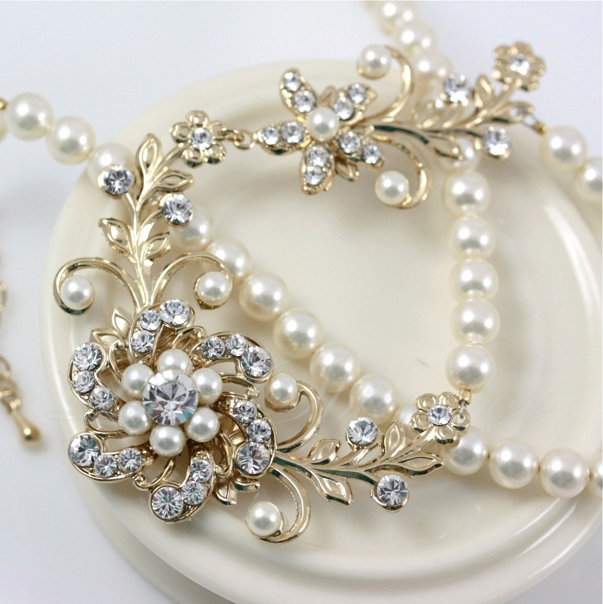 Gold Pearl Necklace Wedding Jewelry Vintage Flowers Leaves Rhinestone Bridal Necklace SABINE GARDEN