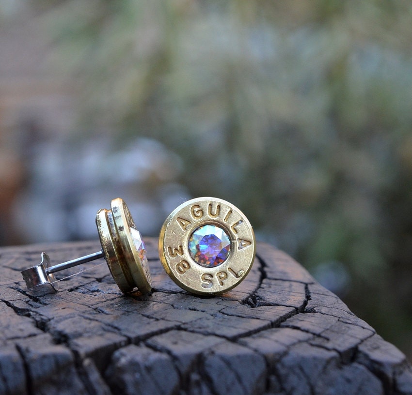 Bullet Earrings stud or post, brass/gold Aguila .38 special with Swarovski AB crystals
