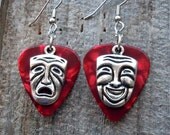 Red Guitar Pick and Theater Mask Charm Earrings
