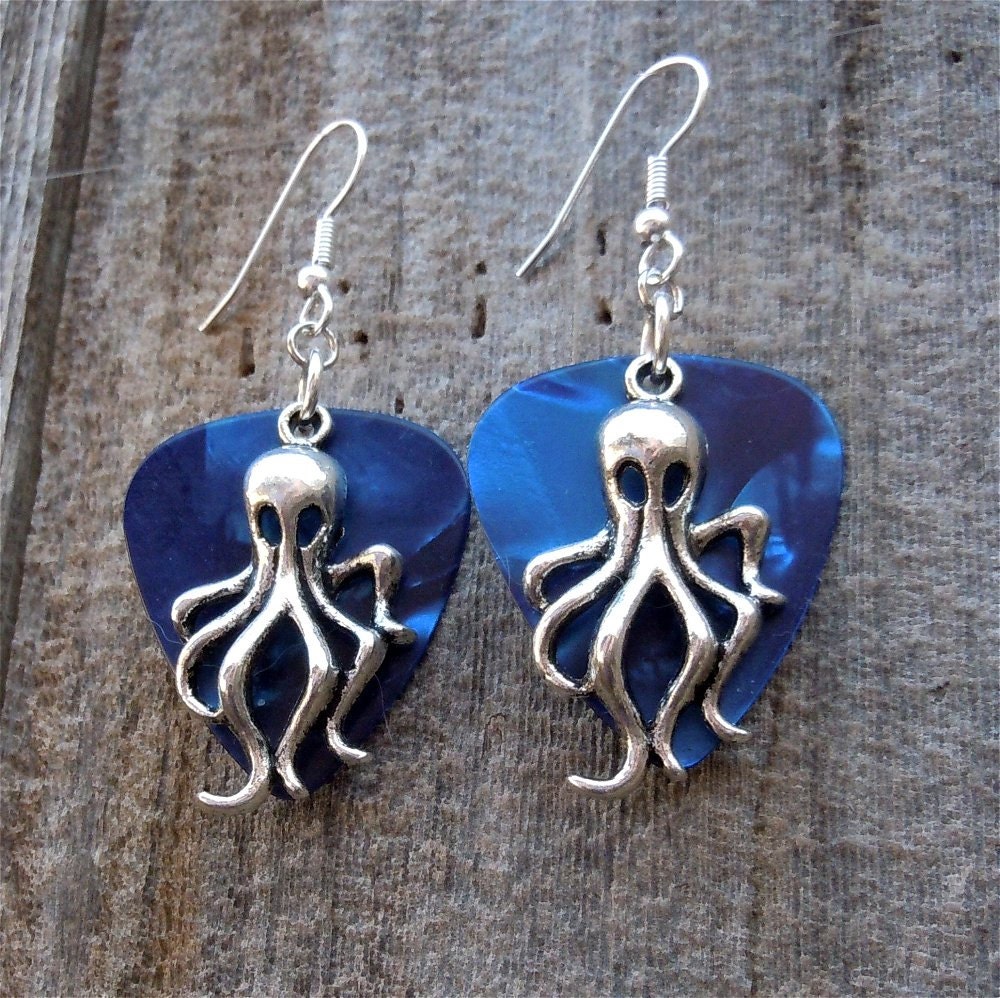 Silver Octopus Charms and Blue Guitar Pick Earrings