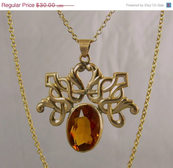 Vintage Art Nouveau GF Topaz Glass Pendant Necklace