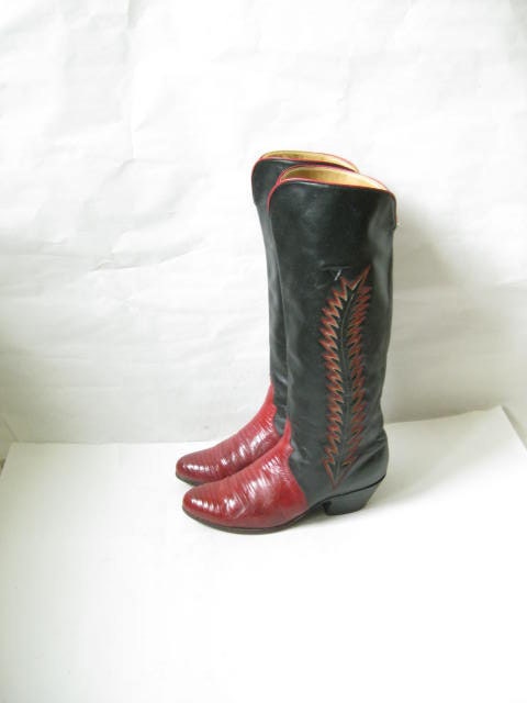 Vintage Red and Black  Lizard  Tall Cowboy Boots. Size 6