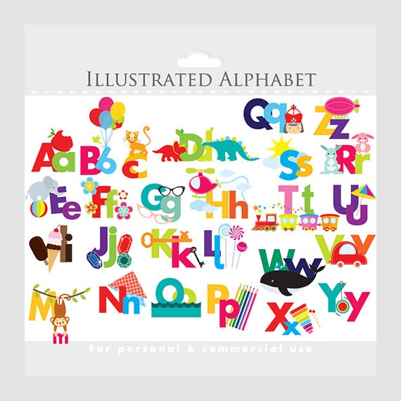 Alphabet clipart - illustrated alphabet, teaching clip art, for teachers, letters, ABCs, pictures, for personal and commercial use
