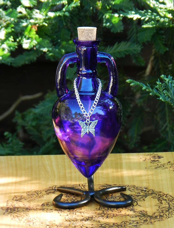 BUTTERFLY Ancient Magic Potion Bottle Vessel with Metal Stand - Sapphire Purple with Silver Butterfly Charm . Pagan Wicca WItchcraft