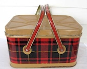 1950's Tin Picnic Basket Storage Tin Box  Container Red, Black Plaid with  Tan Double Handles
