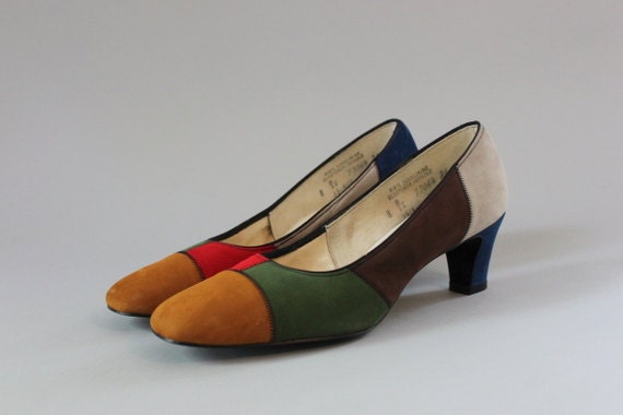 60s Shoes / Vintage 1960s Mod Suede Heels / Swinging London Patchwork Shoes