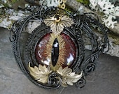 Gothic Steampunk Black Red Evil Cat Eye Pendant