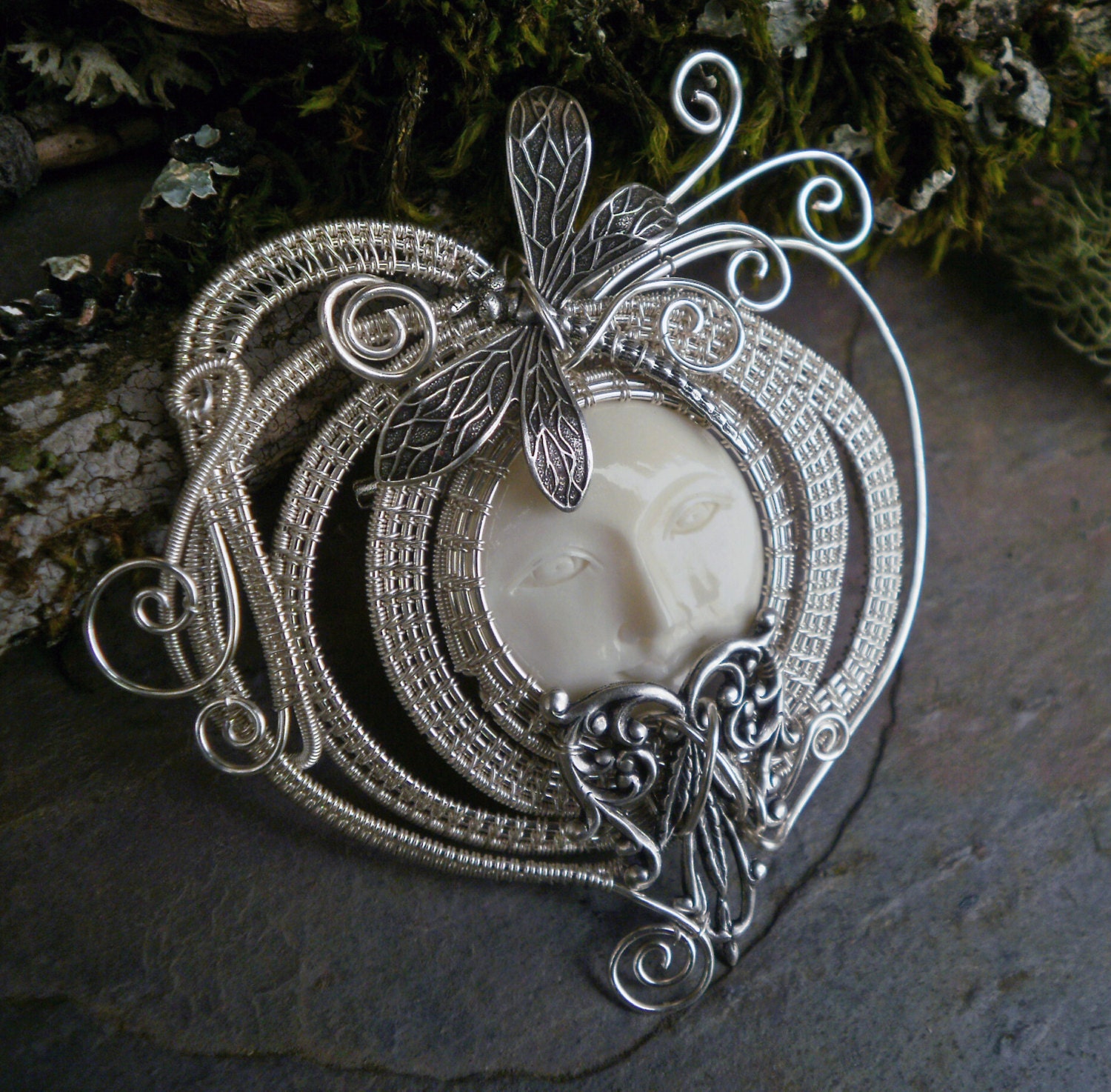 The Man in the Moon and The Dragonfly Pin Brooch Pendant
