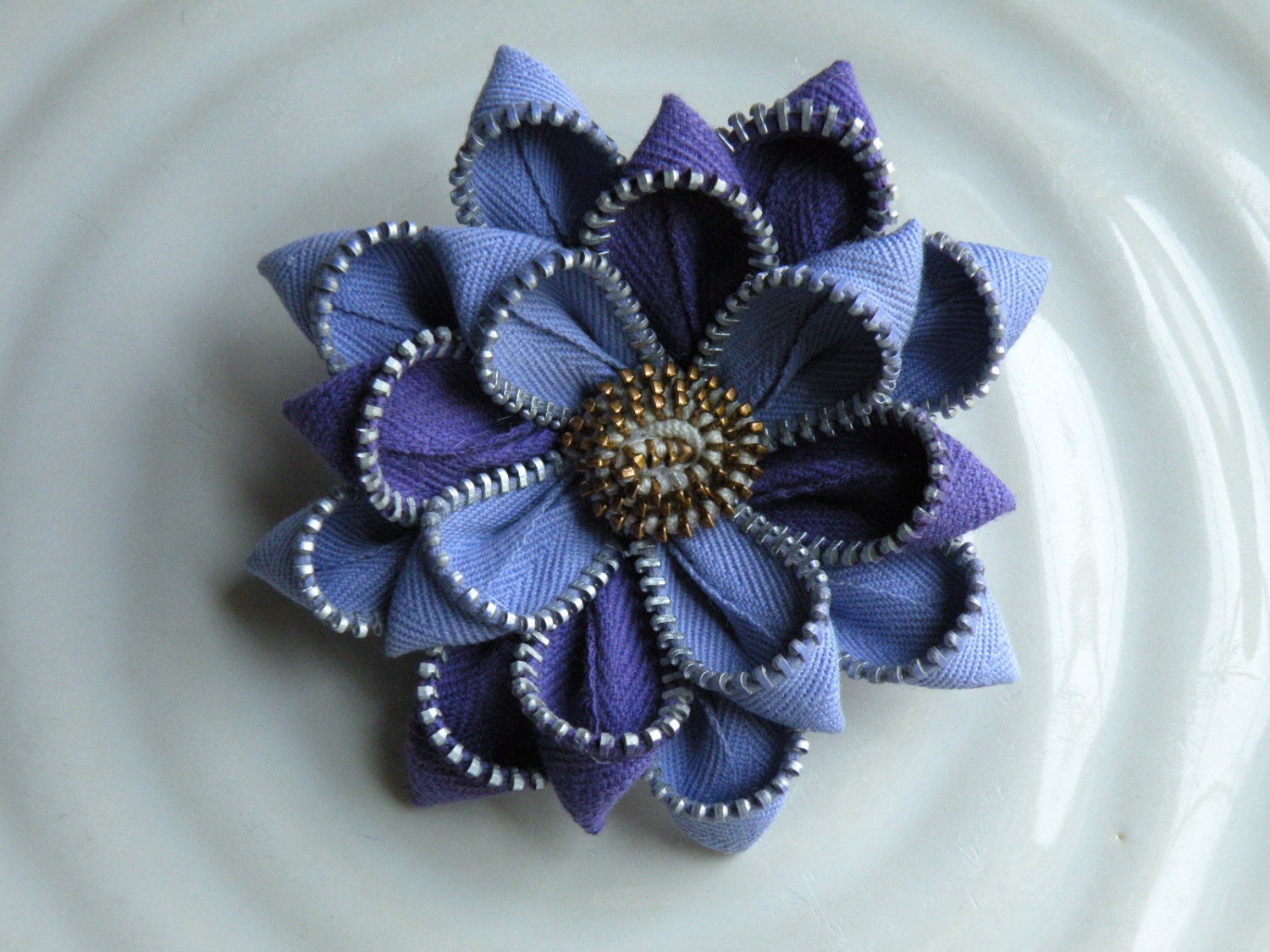Purple Recycled Vintage Zipper Flower Brooch or Pin