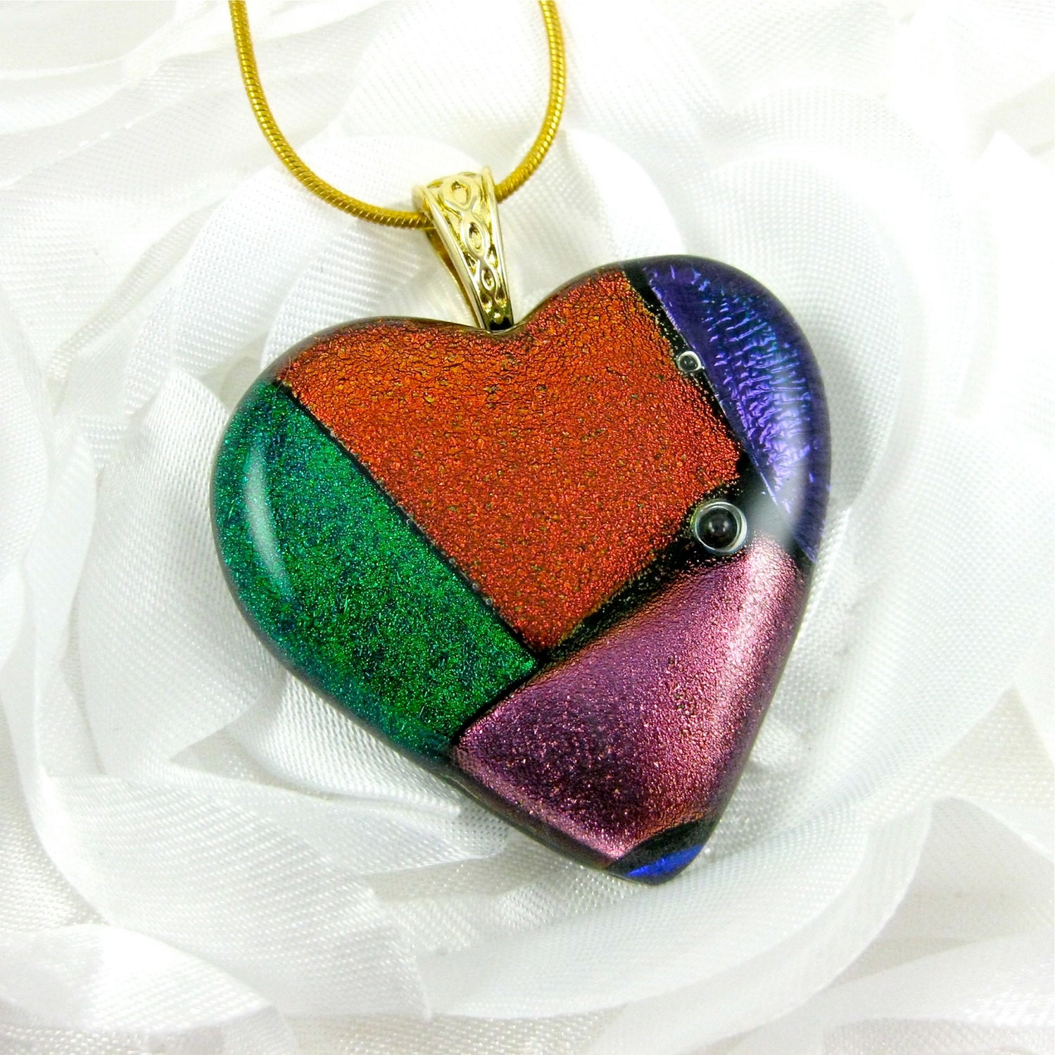 Green, Pink, Purple and Orange Color Block Dichroic Glass Heart Necklace