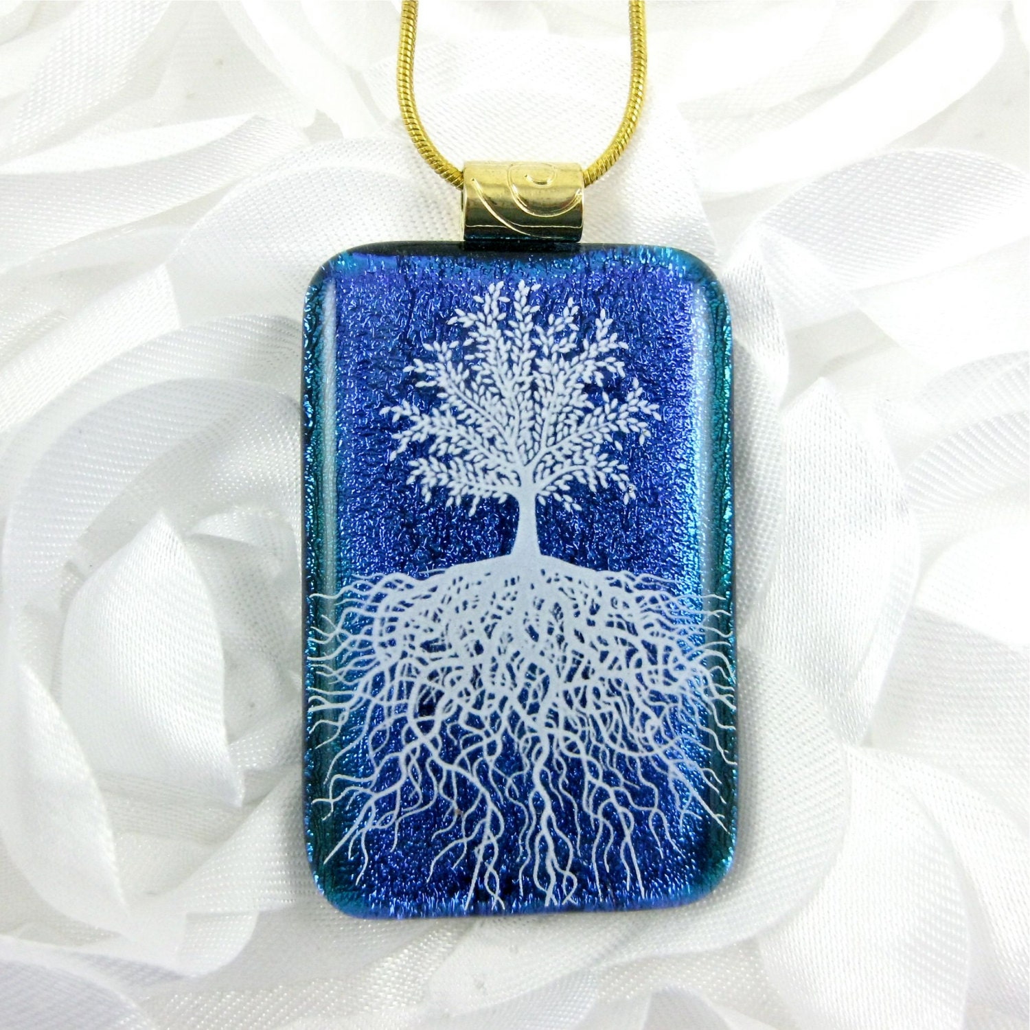 Teal Blue Fused Glass Tree of Life Necklace
