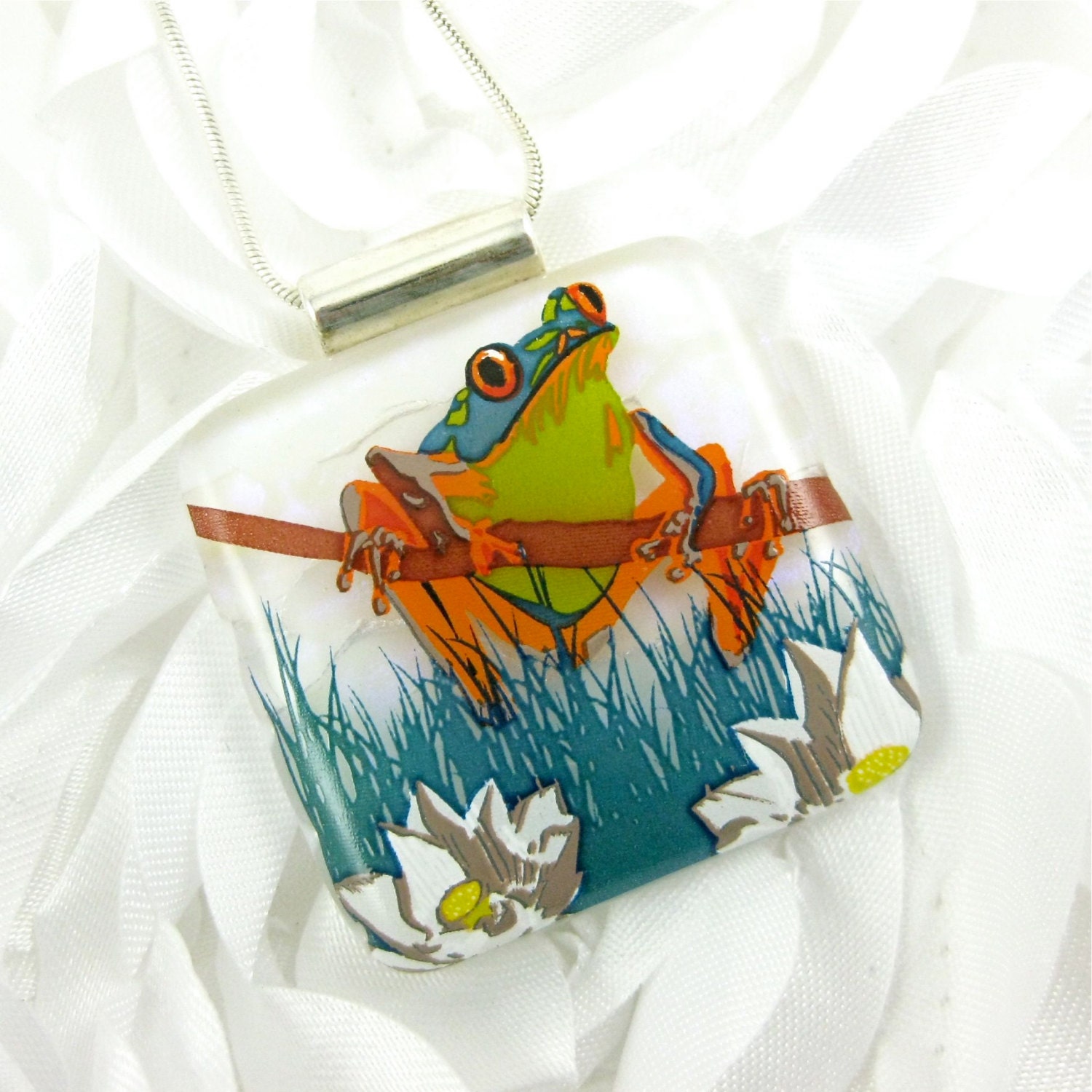 Frog Dichroic Glass Pendant Fused Glass Jewelry with a Colorful Frog