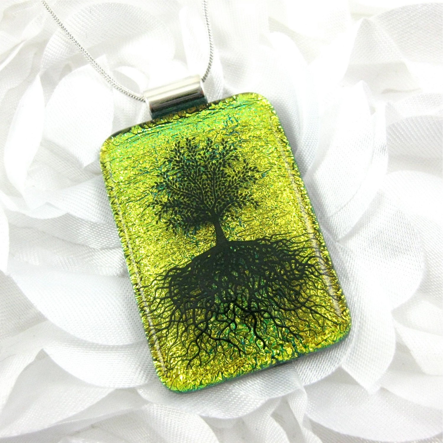 Black and Green Tree of Life Dichroic Glass Necklace - Fused Glass Jewelry