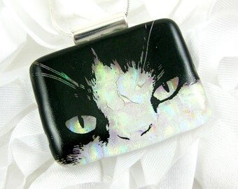 Cat Face Fused Glass Necklace Black and White Cat Jewelry