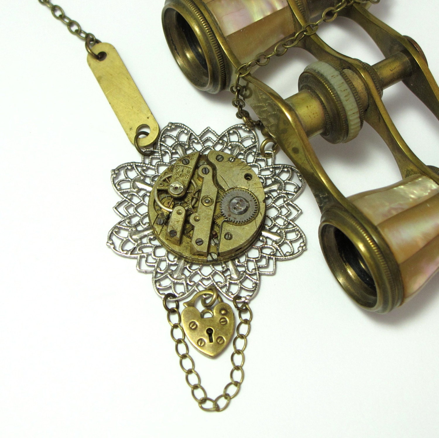 Filigree Lock Steampunk OOAK Necklace Asymmetrical Vintage Watch Movement Industrial Clock Part Exclusive Design By Mystic Pieces