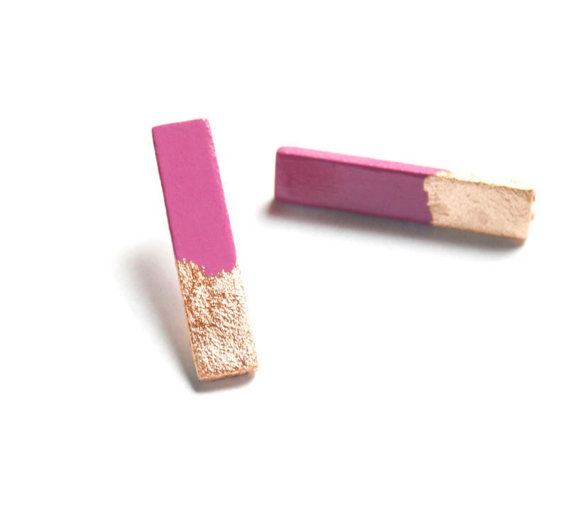 Fuchsia and gold.  Hand painted stud sticks earrings. Sterling silver posts. Minimalist earrings.
