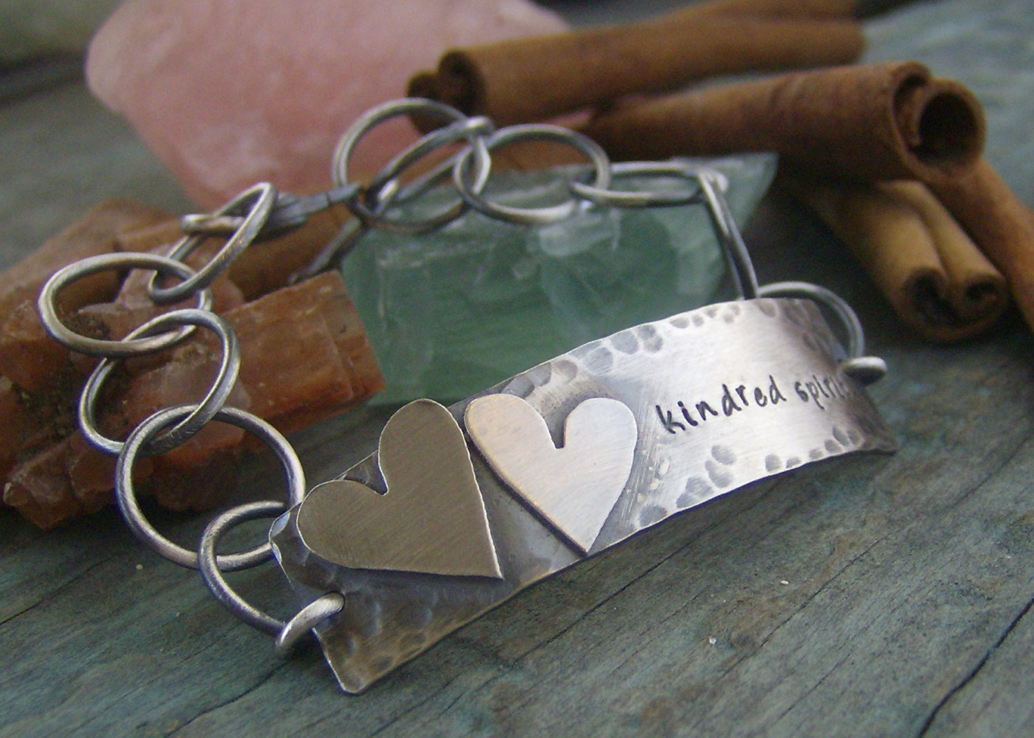 two hearts... hand stamped sterling silver personalized id style bracelet with hearts