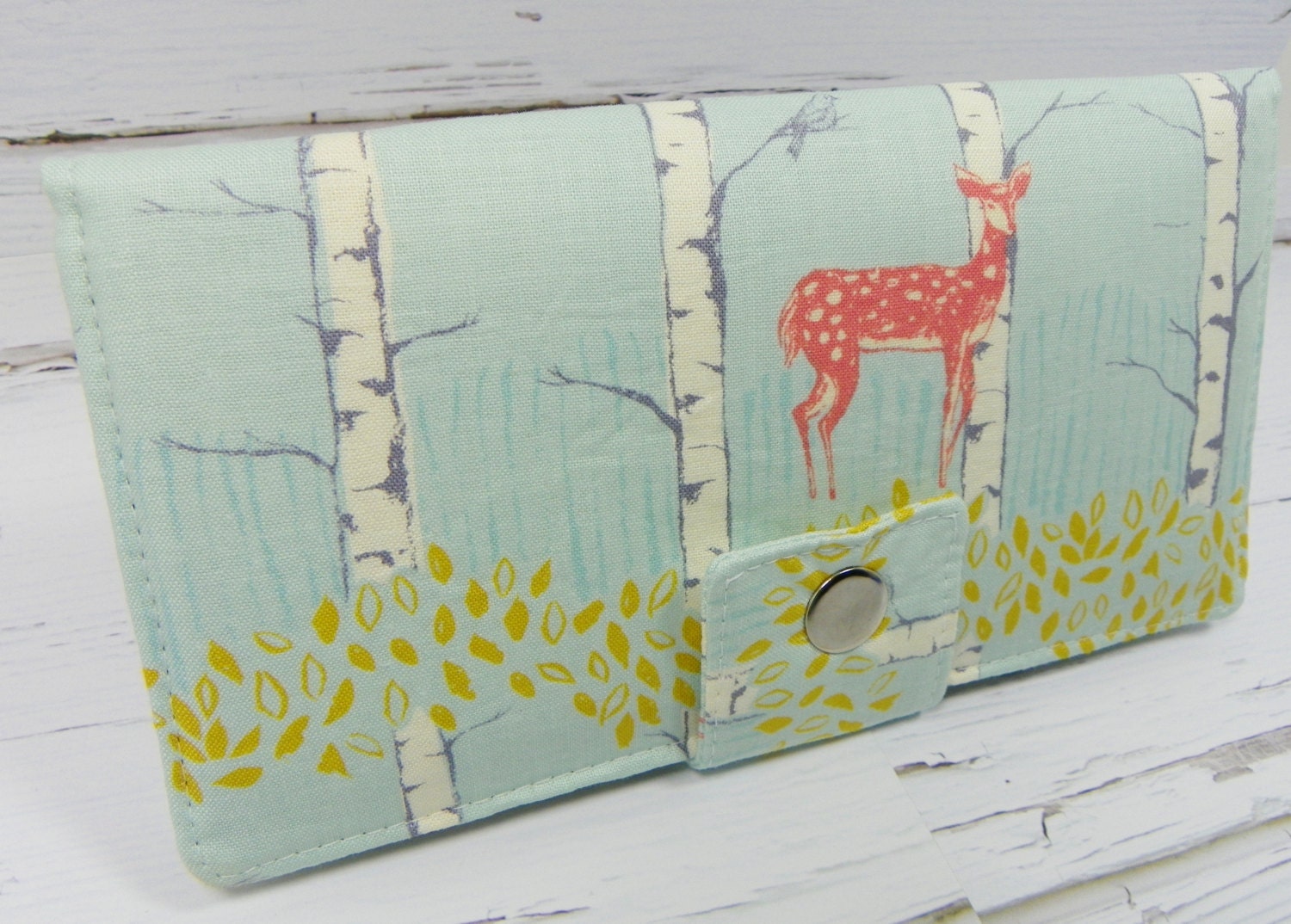 Deer Handmade Long Wallet  BiFold Clutch - Fawn in Birch Blue