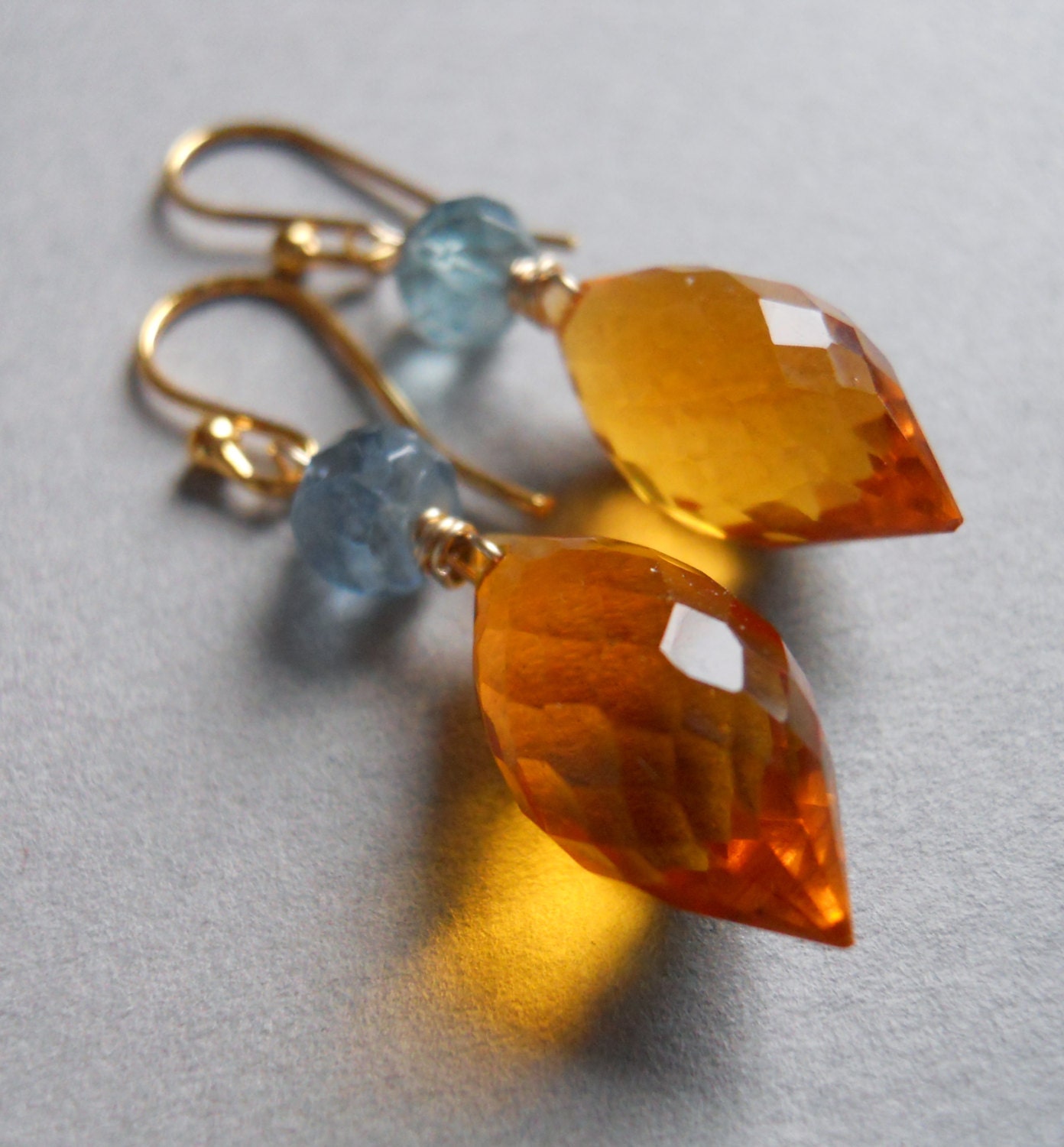 Sunshine on the ocean micro faceted Madiera quartz and ocean blue fluorite earrings