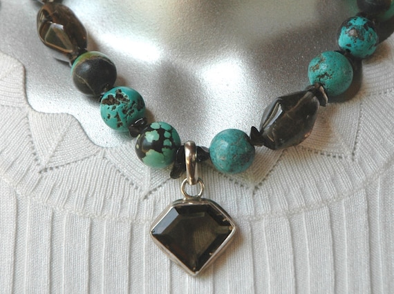 Turquoise and Smoky Quartz Asymmetrical Necklace