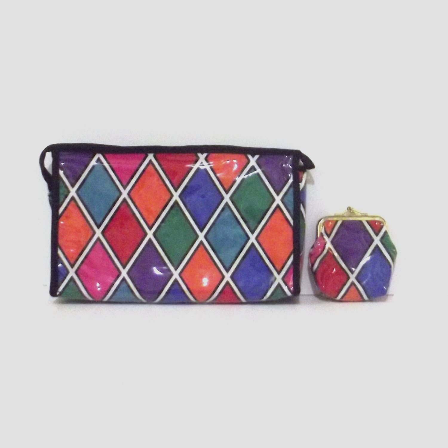 1980s travel pouch set / vintage 80s colorful pouches / Bold Diamond Travel Set